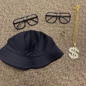 90’s theme costume jewelry and hat. Bucket black hat and two pairs of glasses